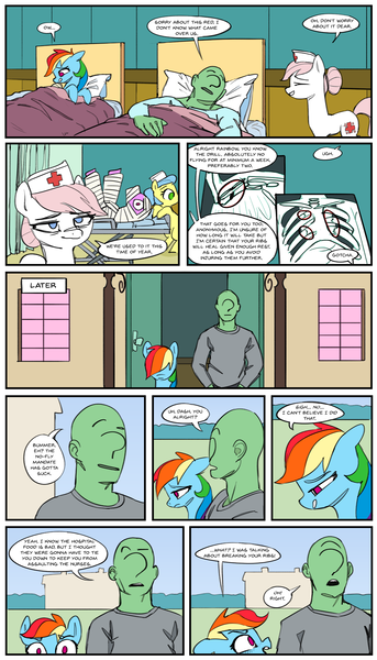 Size: 2000x3500 | Tagged: safe, artist:redruin01, color edit, derpibooru import, edit, nurse redheart, rainbow dash, oc, oc:anon, human, pegasus, pony, bandage, bed, colored, comic, derpibooru exclusive, female, hospital, image, male, outdoors, png, speech bubble