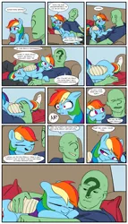 Size: 2000x3500 | Tagged: safe, artist:redruin01, color edit, derpibooru import, edit, rainbow dash, oc, oc:anon, human, pegasus, pony, bandage, colored, comic, couch, derpibooru exclusive, female, image, indoors, male, png, speech bubble