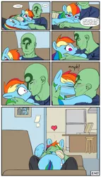 Size: 2000x3500 | Tagged: safe, artist:redruin01, color edit, derpibooru import, edit, rainbow dash, oc, oc:anon, human, pegasus, pony, bandage, colored, comic, couch, derpibooru exclusive, female, image, indoors, kissing, male, png, speech bubble, straight