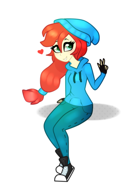 Size: 490x756 | Tagged: safe, artist:kaikururu, derpibooru import, oc, unofficial characters only, equestria girls, beanie, clothes, converse, equestria girls-ified, eyelashes, female, fingerless gloves, gloves, hat, heart, image, pants, png, shoes, simple background, sitting, smiling, sneakers, solo, transparent background