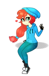 Size: 490x756 | Tagged: safe, artist:kaikururu, derpibooru import, oc, unofficial characters only, equestria girls, beanie, clothes, converse, equestria girls-ified, eyelashes, female, fingerless gloves, gloves, hat, heart, image, pants, png, shoes, simple background, sitting, smiling, sneakers, solo, transparent background