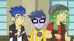 Size: 500x281 | Tagged: safe, derpibooru import, screencap, flash sentry, microchips, sandalwood, a banner day, equestria girls, animated, clothes, gif, glasses, image, jacket, male