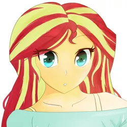 Size: 1372x1372 | Tagged: safe, alternate version, artist:toffrox, derpibooru import, sunset shimmer, equestria girls, bra, bra strap, bust, clothes, cropped, derpibooru exclusive, eye clipping through hair, eyebrows, eyebrows visible through hair, female, image, looking at you, png, simple background, solo, underwear, white background