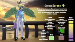 Size: 3840x2160 | Tagged: safe, artist:dangerousdpad, derpibooru import, oc, oc:green screen, anthro, changeling, pegasus, 3d, breasts, clothes, female, image, png, reference, reference sheet, shirt, solo, solo female, source filmmaker, standing, wings