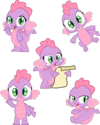 Size: 3570x4450 | Tagged: safe, artist:chiptunebrony, color edit, derpibooru import, edit, editor:lunarangel, spike, dragon, baby, baby dragon, barb, colored, dragoness, eyelashes, fangs, female, image, pink, png, rule 63, rule63betes, scroll, simple background, solo, spiketta, transparent background, vector