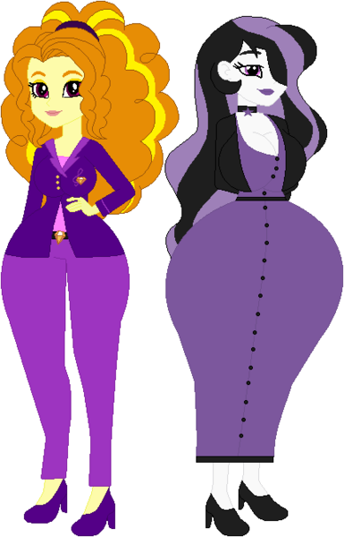 Size: 430x671 | Tagged: suggestive, artist:sturk-fontaine, derpibooru import, adagio dazzle, oc, oc:camilla dalmatian, equestria girls, alternate universe, bases used, big breasts, breasts, busty adagio dazzle, child bearing hips, choker, duo, duo female, female, hair over one eye, huge breasts, image, impossibly wide hips, milf, png, purple lipstick, simple background, white background, wide hips