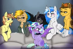 Size: 4500x3000 | Tagged: suggestive, artist:drawing-assassin-art, derpibooru import, oc, oc:bump sign, oc:dark water, oc:keystroke, oc:snowstorm, oc:sugar pie, unofficial characters only, alicorn, bat pony, hybrid, pegasus, pony, unicorn, alicorn oc, bat pony oc, bat wings, blushing, choker, clothes, colored wings, commission, couch, ear piercing, eyebrows, eyebrows visible through hair, fangs, female, glasses, horn, image, jacket, jewelry, male, mare, meme, multicolored hair, nervous, nervous sweat, piercing, piper perri surrounded, png, socks, stallion, surrounded, tattoo, this will not end well, two toned mane, two toned wings, wings