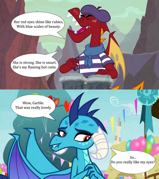 Size: 1417x1594 | Tagged: safe, derpibooru import, edit, edited screencap, screencap, garble, princess ember, dragon, sweet and smoky, triple threat, beatnik, beret, bongos, clothes, cute, dragoness, emberbetes, emble, female, hat, image, lip bite, male, party balloon, png, poetry, scarf, shipping, shipping domino, shirt, speech bubble, straight, striped shirt
