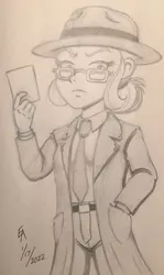 Size: 800x1343 | Tagged: safe, artist:mayorlight, derpibooru import, sugarcoat, equestria girls, friendship games, alternate hairstyle, clothes, detective, fedora, glasses, hand in pocket, hat, image, jpeg, monochrome, necktie, noir, pencil drawing, simple background, solo, traditional art, trenchcoat