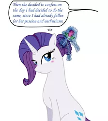 Size: 500x560 | Tagged: safe, artist:lightybulb, derpibooru import, rarity, pony, unicorn, alternate hairstyle, blushing, female, flower, flower in hair, hair styling, image, implied lesbian, implied princess luna, implied rariluna, implied shipping, jpeg, offscreen character, rose, simple background, tumblr:ask luna and rarity, white background