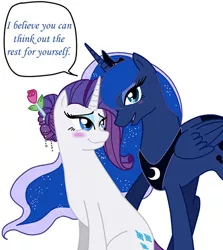 Size: 500x560 | Tagged: safe, artist:lightybulb, derpibooru import, princess luna, rarity, alicorn, pony, unicorn, blushing, female, flower, flower in hair, image, jpeg, lesbian, rariluna, rose, shipping