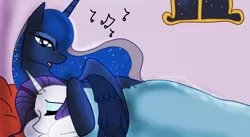 Size: 1200x656 | Tagged: safe, artist:lightybulb, derpibooru import, princess luna, rarity, alicorn, pony, unicorn, bed, blanket, comforting, female, hug, image, jpeg, lesbian, lullaby, pillow, rariluna, shipping, singing, winghug, wings