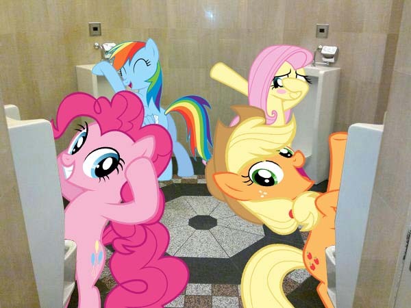 Size: 600x450 | Tagged: suggestive, artist:taurusthetinkerbull, derpibooru import, applejack, fluttershy, pinkie pie, rainbow dash, pony, image, irl, jpeg, photo, ponies in real life, toilet