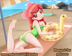 Size: 3189x2480 | Tagged: safe, artist:focusb, banned from derpibooru, deleted from derpibooru, derpibooru import, apple bloom, human, beach, beach towel, clothes, female, floaty, humanized, image, jpeg, lolicon, looking at you, one-piece swimsuit, parasol (umbrella), smiling, solo, swimsuit, towel, underage