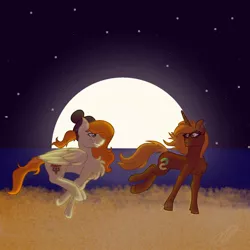 Size: 1500x1500 | Tagged: safe, artist:teonnakatztkgs, derpibooru import, oc, unofficial characters only, pegasus, pony, unicorn, chest fluff, duo, full moon, hat, horn, image, jpeg, looking back, moon, outdoors, pegasus oc, running, stars, unicorn oc, wings