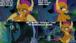 Size: 1280x720 | Tagged: safe, derpibooru import, edit, edited screencap, editor:quoterific, screencap, ocellus, queen chrysalis, smolder, changeling, dragon, pony, season 8, what lies beneath, spoiler:s08, crossed arms, dragoness, eyes closed, female, grin, image, jpeg, mare, open mouth, open smile, smiling