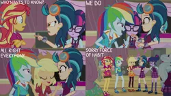 Size: 1280x720 | Tagged: safe, derpibooru import, edit, edited screencap, editor:quoterific, screencap, applejack, fluttershy, indigo zap, rainbow dash, sci-twi, sugarcoat, sunset shimmer, twilight sparkle, vinyl scratch, equestria girls, friendship games, :o, applejack's hat, clothes, cowboy hat, crossed arms, eyes closed, female, friendship games bloopers, glasses, hat, image, open mouth, open smile, png, ponied up, ponytail, shoes, smiling