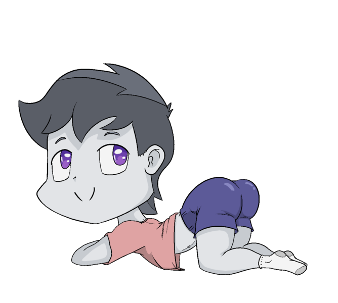 Size: 1280x1150 | Tagged: suggestive, artist:happy harvey, banned from derpibooru, ponerpics import, rumble, equestria girls, ass up, butt, clothes, colored pupils, drawn on phone, image, looking back, male, png, shirt, shorts, shotacon, simple background, socks, transparent background, underage
