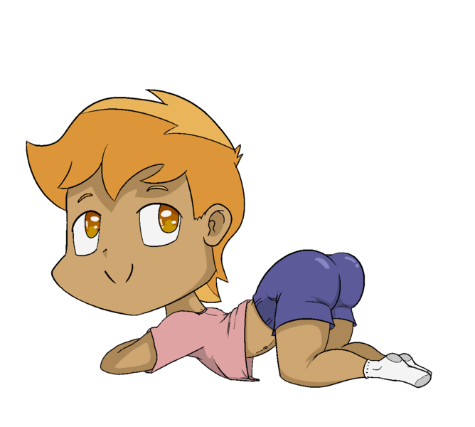 Size: 1280x1150 | Tagged: suggestive, artist:happy harvey, banned from derpibooru, ponerpics import, button mash, equestria girls, ass up, butt, clothes, colored pupils, drawn on phone, image, looking back, male, png, shirt, shorts, shotacon, simple background, socks, transparent background, underage