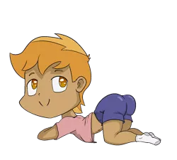 Size: 1280x1150 | Tagged: suggestive, artist:happy harvey, banned from derpibooru, ponerpics import, button mash, equestria girls, ass up, butt, clothes, colored pupils, drawn on phone, image, looking back, male, png, shirt, shorts, shotacon, simple background, socks, transparent background, underage