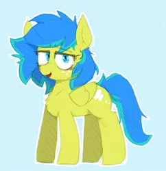 Size: 1758x1819 | Tagged: safe, artist:rellopone, derpibooru import, oc, unofficial characters only, pegasus, pony, blue background, blue eyes, chest fluff, folded wings, freckles, full body, hooves, image, jpeg, open mouth, open smile, outline, pegasus oc, simple background, smiling, solo, standing, tail, two toned mane, two toned tail, white outline, wings