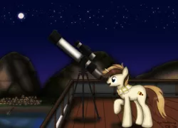 Size: 1503x1080 | Tagged: safe, artist:99999999000, derpibooru import, oc, oc:cream brun, unofficial characters only, pony, unicorn, image, male, moon, mountain, night, png, stars, telescope, town