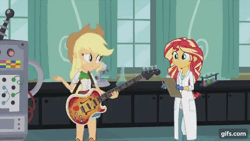 Size: 640x360 | Tagged: safe, derpibooru import, screencap, applejack, sunset shimmer, equestria girls, friendship games, the science of magic, animated, apple, applejack's hat, bass guitar, clipboard, cowboy hat, duo, duo female, eating, eyes closed, female, food, gif, gifs.com, hat, image, musical instrument, open mouth