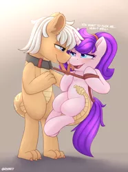 Size: 3200x4300 | Tagged: suggestive, artist:rivin177, derpibooru import, oc, original species, pony, snake, snake pony, bedroom eyes, blushing, collar, eye contact, fangs, flattered, forked tongue, hairband, heart, heart mark, holding a pony, holding up, image, in air, leash, lidded eyes, looking at each other, looking at someone, oc x oc, paws, pet play, png, ponytail, prehensile tail, pulling, rattle, shipping, smiling, tail, tail hold, underbelly, white hair