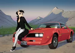 Size: 1280x898 | Tagged: safe, artist:apocheck13, derpibooru import, oc, oc:elya, unofficial characters only, anthro, earth pony, belt, car, clothes, female, image, jacket, jeans, jpeg, leather jacket, pants, pontiac, pontiac firebird, ponytail, shoes, sneakers, solo, solo female