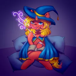 Size: 1812x1803 | Tagged: safe, alternate version, artist:zowzowo, derpibooru import, oc, oc:cinnamon swirl, pony, unicorn, book, cloak, clothes, commission, hat, image, jpeg, magic, solo, spellbook, witch hat, witch outfit