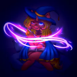 Size: 1812x1803 | Tagged: safe, alternate version, artist:zowzowo, derpibooru import, oc, oc:cinnamon swirl, pony, unicorn, book, cloak, clothes, glow, glowing eyes, hat, image, jpeg, magic, solo, spellbook, witch, witch hat