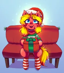 Size: 1202x1358 | Tagged: safe, artist:zowzowo, derpibooru import, oc, oc:cinnamon swirl, bench, christmas, clothes, hat, holiday, image, jpeg, looking at you, present, santa hat, sitting, socks, solo, winter, winter outfit