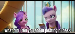 Size: 1200x540 | Tagged: suggestive, derpibooru import, edit, edited screencap, screencap, pipp petals, queen haven, pegasus, pony, my little pony: a new generation, spoiler:my little pony: a new generation, caption, duo, female, g5, image, image macro, jpeg, mare, milf, mobile phone, mother and child, mother and daughter, phone, smartphone, text, we don't normally wear clothes