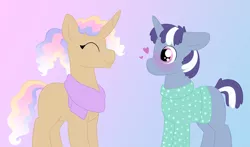 Size: 3862x2264 | Tagged: safe, artist:queenderpyturtle, derpibooru import, oc, oc:eos, oc:nova spiral, unofficial characters only, pony, unicorn, clothes, curved horn, female, gradient background, gradient mane, hoodie, horn, image, jpeg, male, mare, scarf, stallion