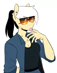 Size: 832x1066 | Tagged: safe, artist:redxbacon, derpibooru import, oc, oc:note clip, anthro, earth pony, blood, image, jpeg, licking, ponytail, solo, sunglasses, tongue out