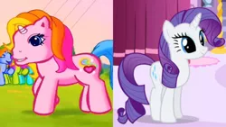Size: 1280x720 | Tagged: safe, artist:megalobronia, derpibooru import, screencap, rarity, rarity (g3), a dog and pony show, comparison, cropped, g3, g3 to g4, g4, generation leap, greetings from unicornia, image, jpeg