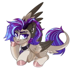 Size: 2000x1957 | Tagged: safe, artist:star-theft, derpibooru import, oc, oc:ouija, unofficial characters only, pegasus, pony, collar, colored hooves, ear fluff, ear piercing, earring, freckles, full body, hoof polish, hooves, image, jewelry, leonine tail, looking at you, lying down, one wing out, pegasus oc, piercing, png, prone, simple background, solo, tail, three quarter view, transparent background, wing fluff, wings