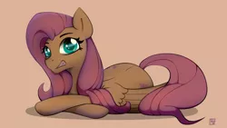 Size: 2666x1500 | Tagged: safe, artist:naen, derpibooru import, fluttershy, pegasus, pony, both cutie marks, female, image, lying down, mare, png, simple background, solo