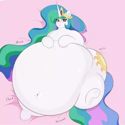 Size: 2048x2048 | Tagged: suggestive, artist:astrum, derpibooru import, princess celestia, alicorn, pony, belly, belly button, big belly, butt, chubby cheeks, chubbylestia, crown, ethereal mane, fat, frog (hoof), hoof on belly, huge belly, image, impossibly large belly, jewelry, jiggle, jpeg, large butt, lying down, missing accessory, morbidly obese, obese, on back, onomatopoeia, raised hoof, regalia, smiling, squishy, stomach noise, thighs, thunder thighs, underhoof, wobbling