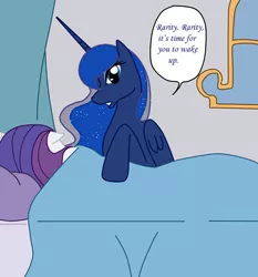 Size: 600x644 | Tagged: safe, artist:lightybulb, derpibooru import, princess luna, rarity, alicorn, pony, unicorn, bed, female, image, jpeg, lesbian, rariluna, shipping, sleeping