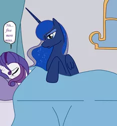 Size: 600x644 | Tagged: safe, artist:lightybulb, derpibooru import, princess luna, rarity, alicorn, pony, unicorn, bed, female, image, jpeg, lesbian, rariluna, shipping