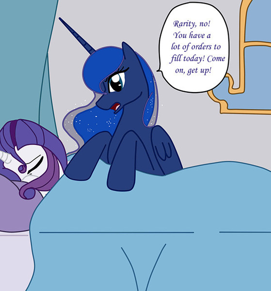 Size: 600x644 | Tagged: safe, artist:lightybulb, derpibooru import, princess luna, rarity, alicorn, pony, unicorn, bed, female, image, jpeg, lesbian, rariluna, shipping