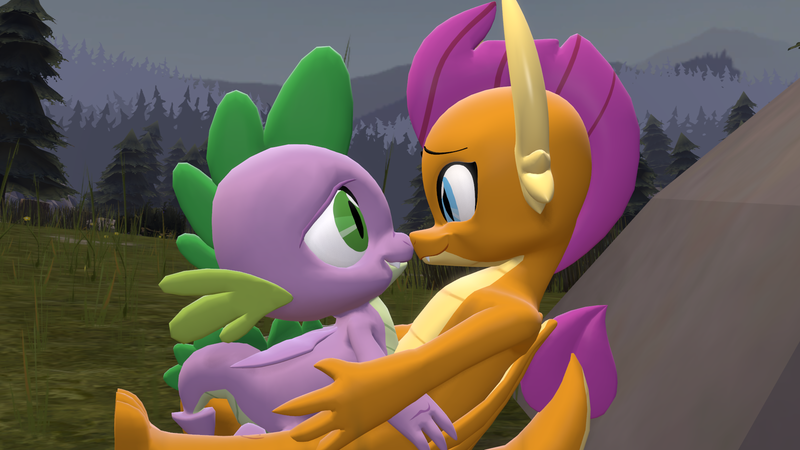 Size: 1920x1080 | Tagged: safe, artist:ponygamer2020, artist:ponygamersfm, derpibooru import, smolder, spike, dragon, 3d, blushing, boop, cute, dragoness, duo, ear, eye contact, female, forest, happy, horn, hug, image, kissing, looking at each other, looking at someone, male, noseboop, png, rock, shipping, sitting, smiling, smolderbetes, source filmmaker, spikabetes, spolder, straight, tail, tree, winged spike, wings