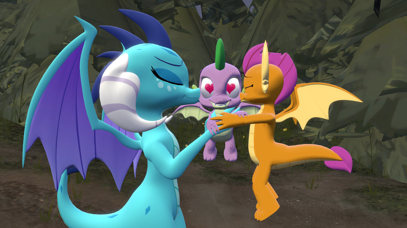 Size: 1920x1080 | Tagged: safe, artist:ponygamer2020, artist:ponygamersfm, derpibooru import, princess ember, smolder, spike, dragon, 3d, bisexual, blushing, dragoness, dragon trio, duo, ear, emberspike, emberspolder, eyes closed, female, flying, forest, grin, happy, heart eyes, holding, holding a dragon, holding hands, horn, image, kissing, kiss on the cheek, kiss sandwich, lesbian, lucky bastard, male, png, polyamory, rock, shipping, smiling, source filmmaker, spike gets all the dragons, spike gets all the mares, spolder, spread wings, straight, tail, tree, wingding eyes, winged spike, wings