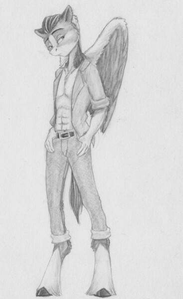 Size: 2249x3678 | Tagged: safe, artist:joestick, derpibooru import, oc, unofficial characters only, anthro, pegasus, unguligrade anthro, clothes, image, jeans, jpeg, male, monochrome, pants, shirt, traditional art