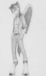 Size: 2249x3678 | Tagged: safe, artist:joestick, derpibooru import, oc, unofficial characters only, anthro, pegasus, unguligrade anthro, clothes, image, jeans, jpeg, male, monochrome, pants, shirt, traditional art