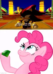 Size: 500x703 | Tagged: safe, derpibooru import, pinkie pie, earth pony, pony, :t, blue eyes, chaos emerald, female, hoof hold, image, imgflip, jpeg, look what pinkie found, looking up, mare, meanwhile, meme, pink mane, shadow the hedgehog, smiling, sonic the hedgehog (series), this will not end well, vulgar, where's that damn fourth chaos emerald, xk-class end-of-the-world scenario