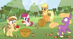 Size: 1024x546 | Tagged: safe, artist:velveagicsentryyt, derpibooru import, applejack, little mac, oc, oc:apple pie, oc:apple sweet, earth pony, pony, :s, apple, apple tree, base used, basket, blue eyes, colt, deviantart watermark, earth pony oc, female, filly, foal, food, freckles, frown, green eyes, hoof hold, image, jpeg, looking back, male, mare, obtrusive watermark, offspring, open mouth, open smile, outdoors, parent:applejack, parent:big macintosh, parent:caramel, parent:sugar belle, parents:carajack, parents:sugarmac, shadow, show accurate, shrunken pupils, sitting, smiling, standing, tail, tree, two toned mane, two toned tail, unshorn fetlocks, wall of tags, watermark, wavy mouth