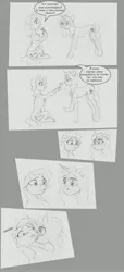 Size: 2491x5440 | Tagged: safe, artist:joestick, derpibooru import, oc, oc:sheron, unofficial characters only, earth pony, pony, unicorn, comic, female, image, jpeg, mare, microphone, monochrome, traditional art