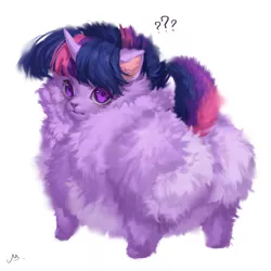 Size: 1600x1600 | Tagged: safe, artist:makkah, derpibooru import, twilight sparkle, chihuahua, dog, dogified, excessive fluff, female, fluffy, image, jpeg, littlest pet shop, looking at you, looking back, looking back at you, parody, question mark, simple background, solo, species swap, twilight barkle, white background, zoe trent